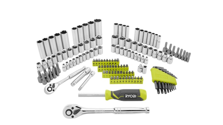 A Ryobi mechanics tool set laid out on a white background