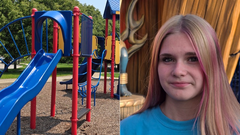 A slide in a park, portrait of woman's face