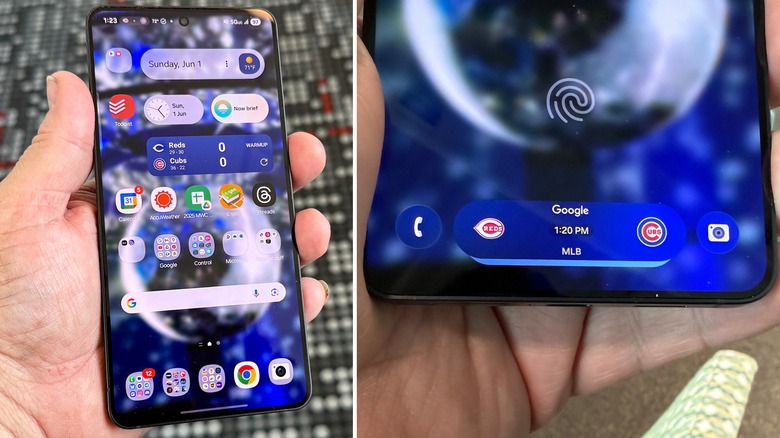 Man's hand holding the Samsung Galaxy S25 Edge with a book cover on the screen