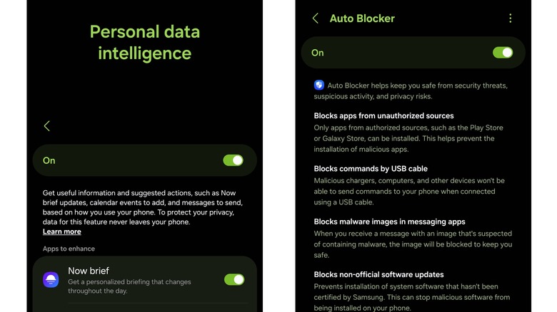 Personal data intelligence and auto blocker settings on One UI 8 for Samsung Galaxy S25 Ultra