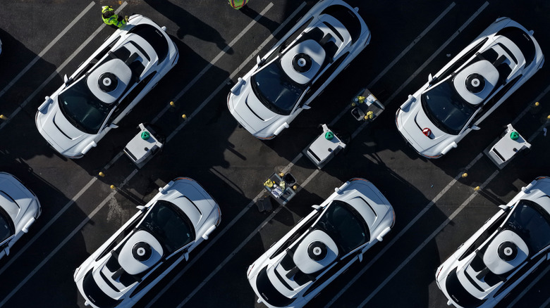 Arial view of parked Waymo vehicles