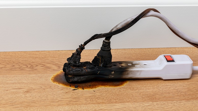A power strip half-melted and burned