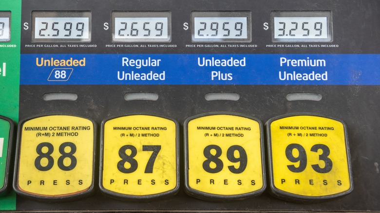 Gas pump in USA showing prices per gallon for diesel, unleaded 88, regular unleaded, unleaded plus and premium unleaded