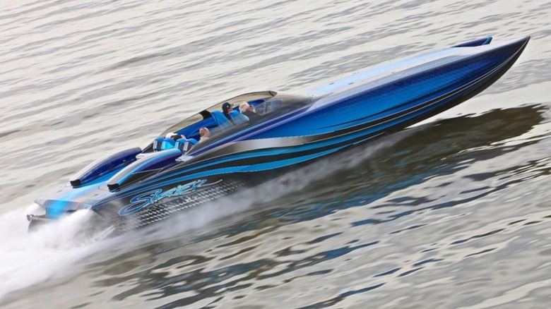 A Skater 388 flying across the water at speed.