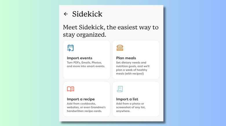 Image showing a cropped screenshot of the Skylight phone app, displaying the Sidekick options - Import events, Plan meals, Import a recipe, Import a list