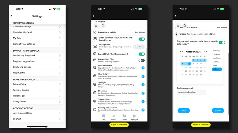 Steps to export Snapchat data