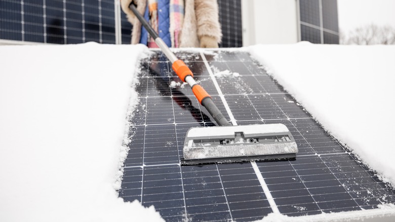 Person raking snow off solar panel