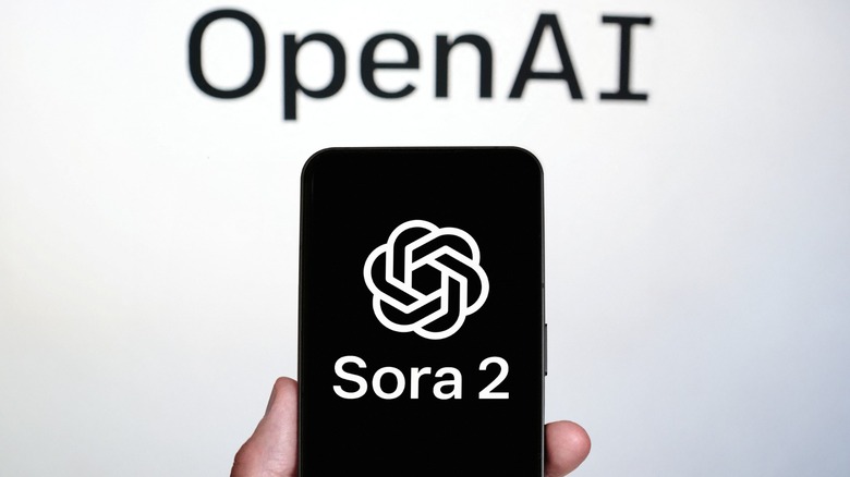 Phone screen showing Sora 2 against OpenAI backdrop