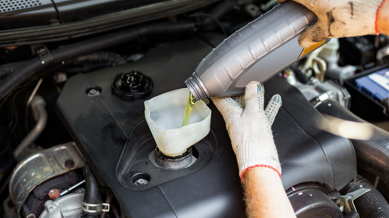 Mechanic pouring fresh oil in the engine