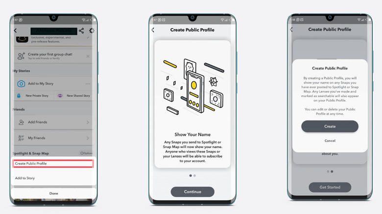 screenshots of steps to create a public Snapchat profile