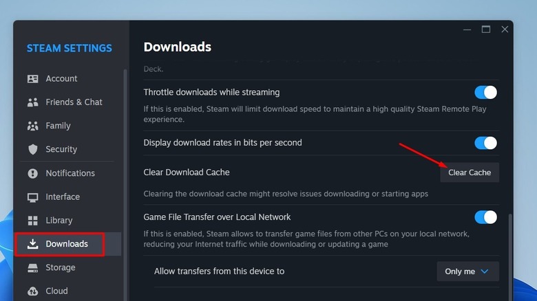Clear cache button in the Steam Settings menu.