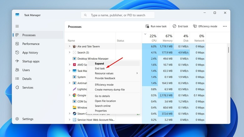 End task option in the Task Manager.