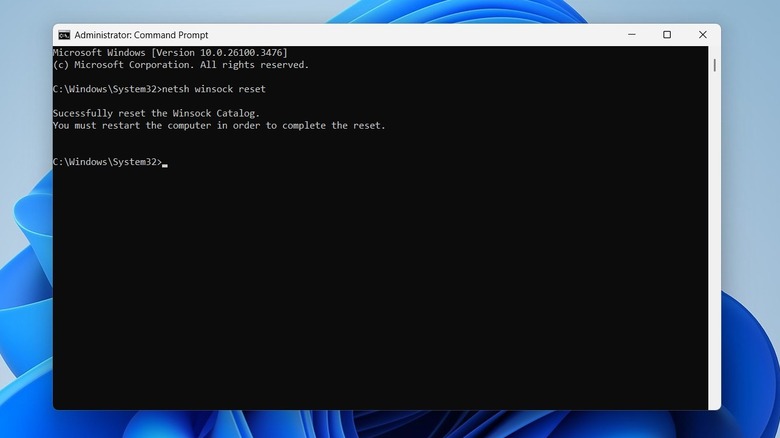 Reset Winsock command in the Command Prompt window.