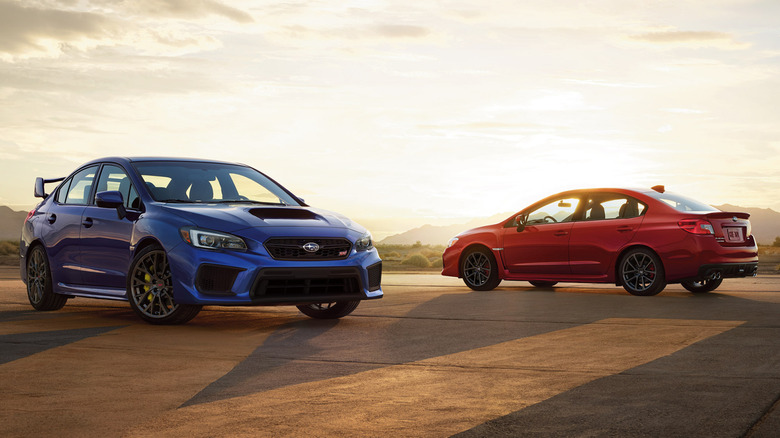 Left and right: 2018 Subaru WRX STI front-right 3/4 view, 2018 WRX rear-left 3/4 view
