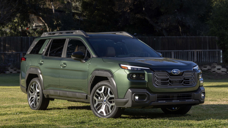Front 3/4 view of 2026 Subaru Outback on lawn