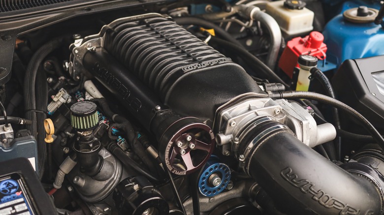 A close-up view of a Whipple supercharger