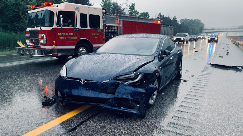 A Tesla Model 3 after an accident 