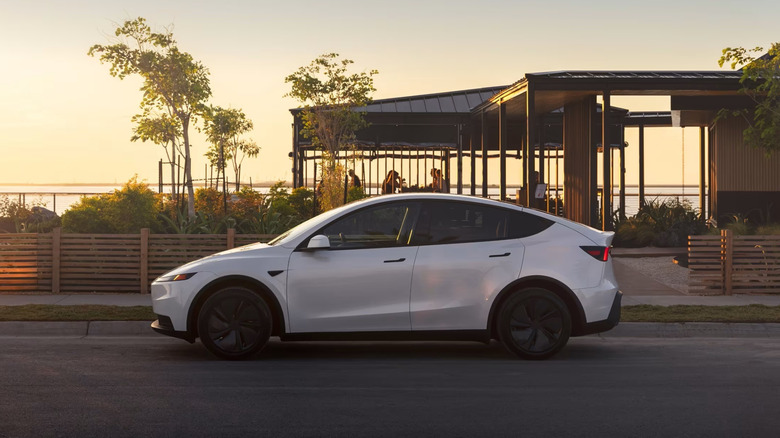 Tesla Model Y Standard Edition parked on road, left-side view