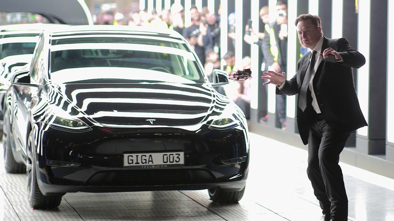 Elon Musk standing near a Tesla