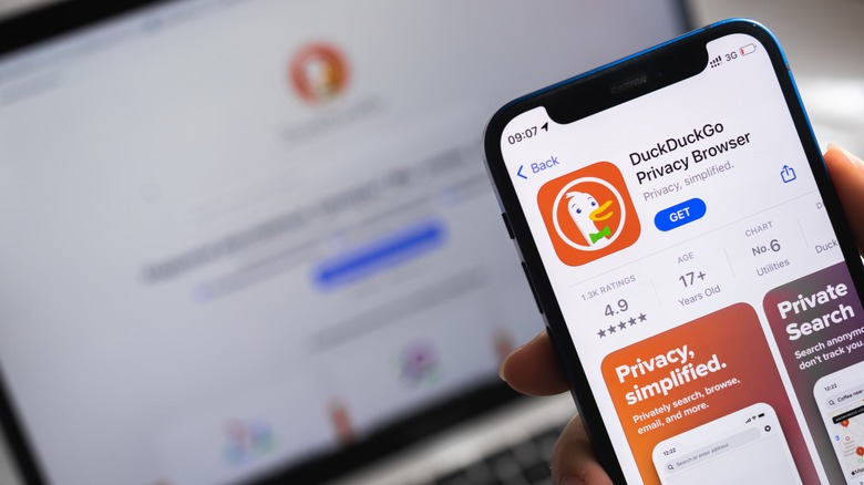 DuckDuckGo on the app store and on a laptop