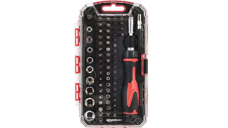 clear Amazon Basics plastic case with screwdriver and several bits inside