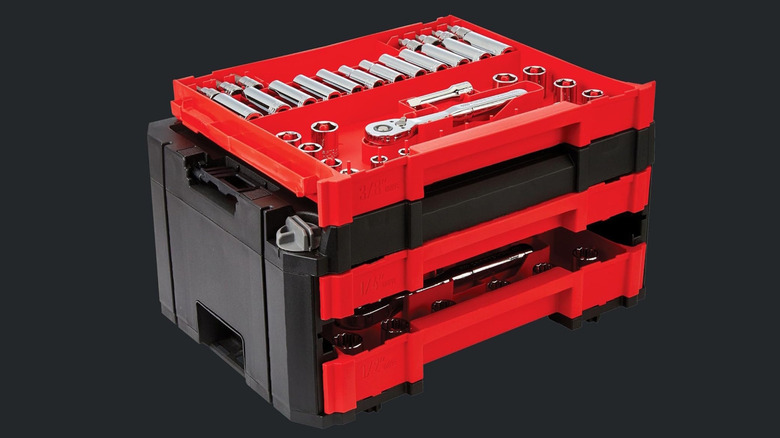 Black and red Craftsman toolbox with socket set on top