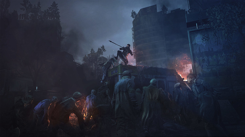 Zombies surrounding human 