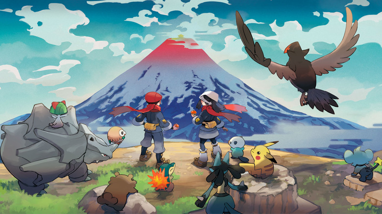 Pokémon Legends: Arceus characters atop hill 