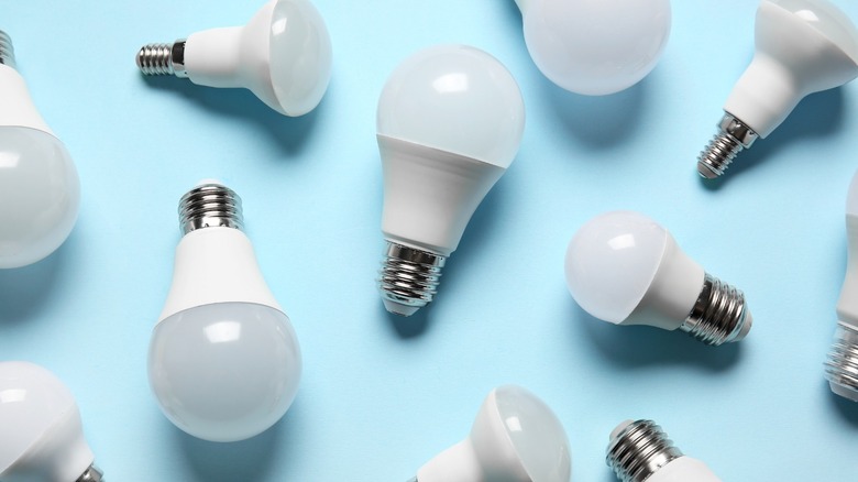 various LED bulbs on a blue surface