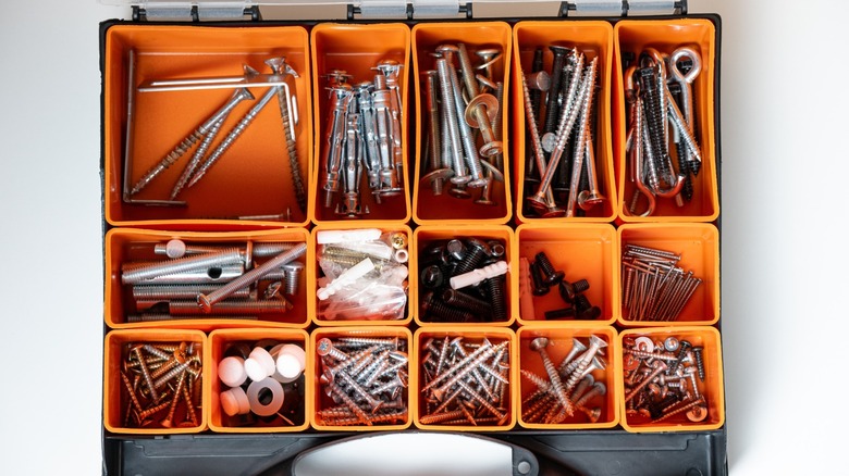 screws and nails stored in a plastic organizer