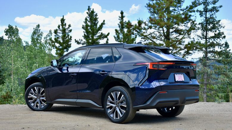 2026 Subaru Solterra rear three quarter view.