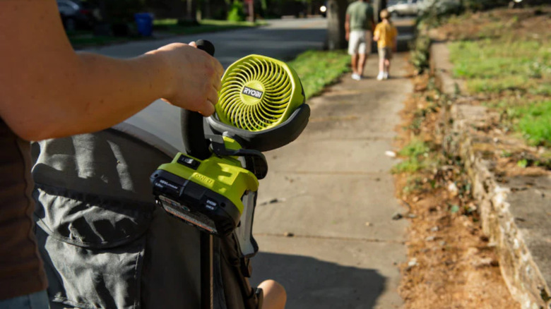 Ryobi clamp fan mounted on stroller