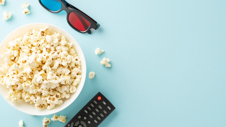 Popcorn, glasses, and remote