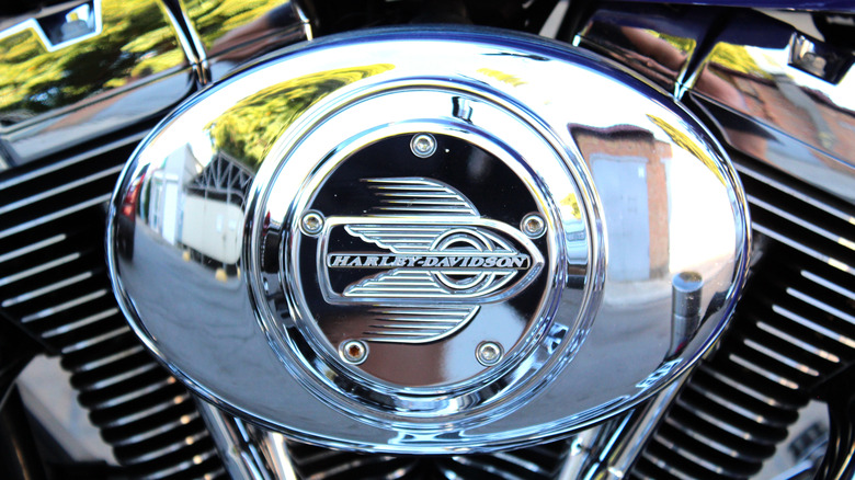 A Harley Davidson heritage softail engine in chrome close up