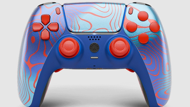 A custom AimControllers PS5 controller standing upright.