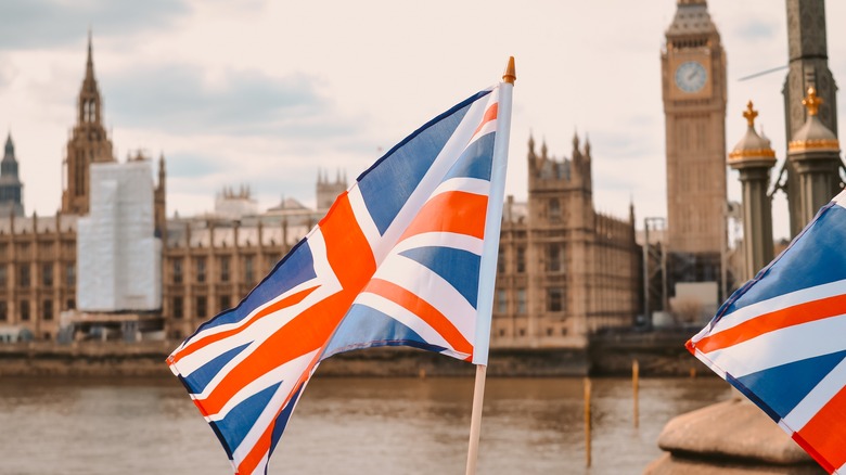 british flags and parliament