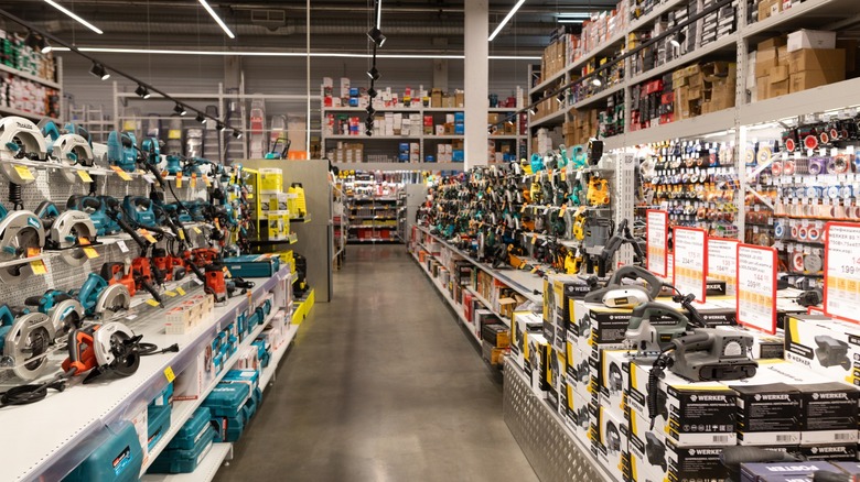 A tool department aisle filled with power tools.