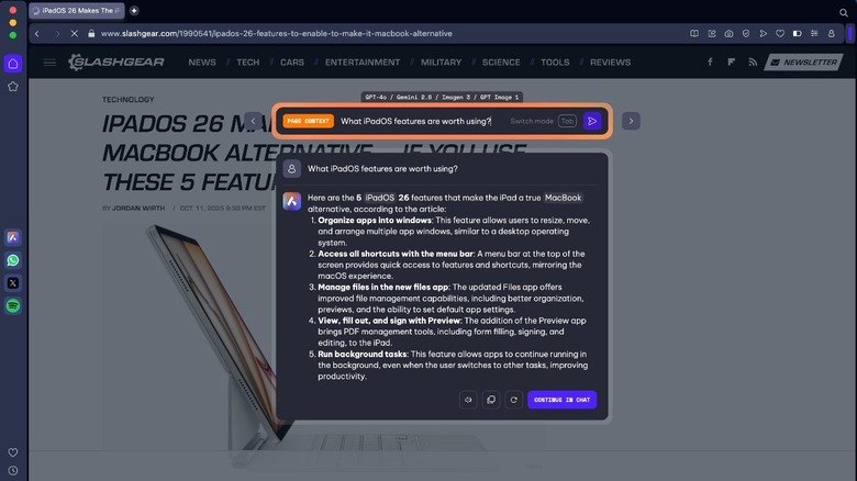 Opera browser Aria AI features