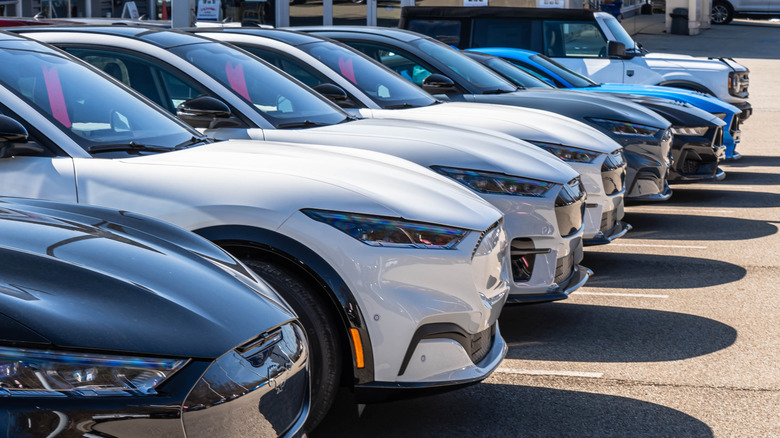 Cars lined up on a dealership lot.