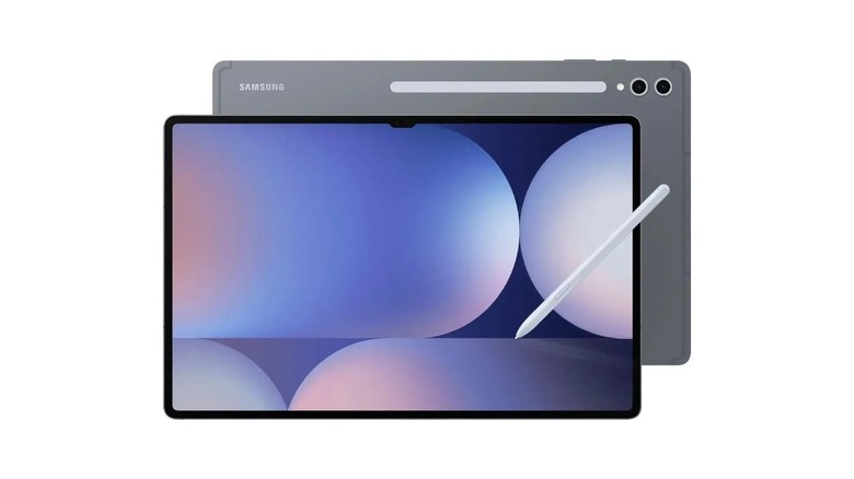 The Samsung Galaxy Tab S10 Ultra showing front and back with a stylus.