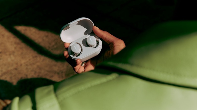 Person holding a pair of Bose wireless earbuds inside their case