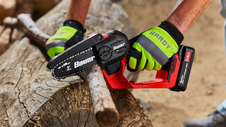 Using a Bauer pruning saw to cut a branch