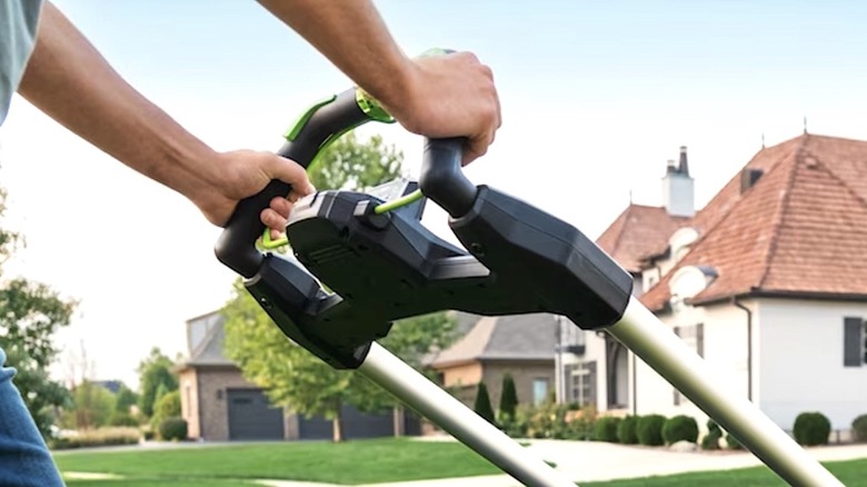 Person holding handles of a push lawn mower