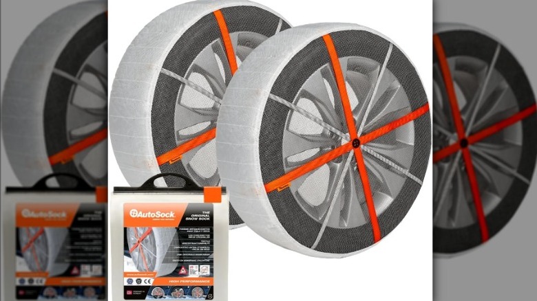 Tires with AutoSock Snow Socks installed