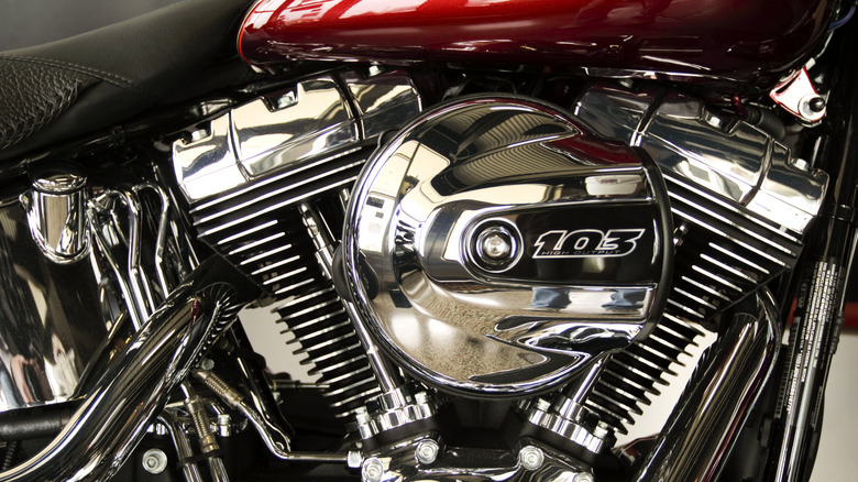 Closeup shot of a 103 chrome exterior of Twin-Cam motorcycle engine