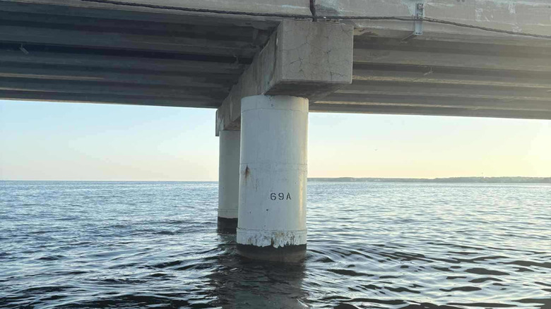 A Chesapeake Bay Bridge support that appears off kilter under the bridge
