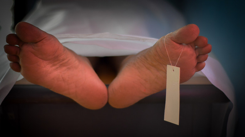A sheet covered corpse with a toe tag in a morgue