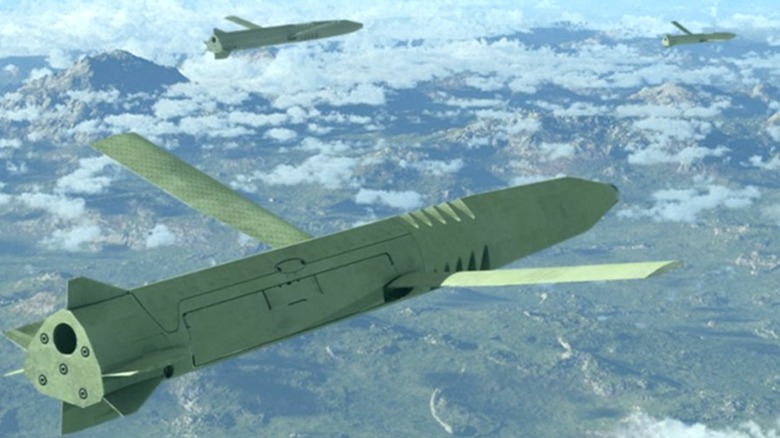 An artist's rendering of three General Atomics Long Range Maneuvering Projectiles (LRMPs) in flight