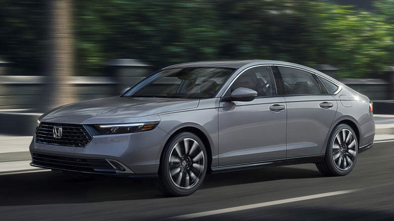 Gray 2025 Honda Accord in motion with greenery in the background