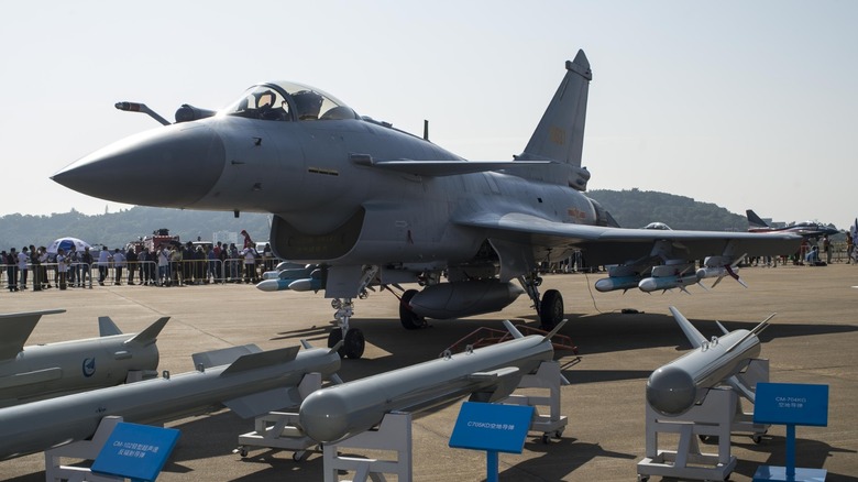 a J-10B with compatible munitions displayed at an air show